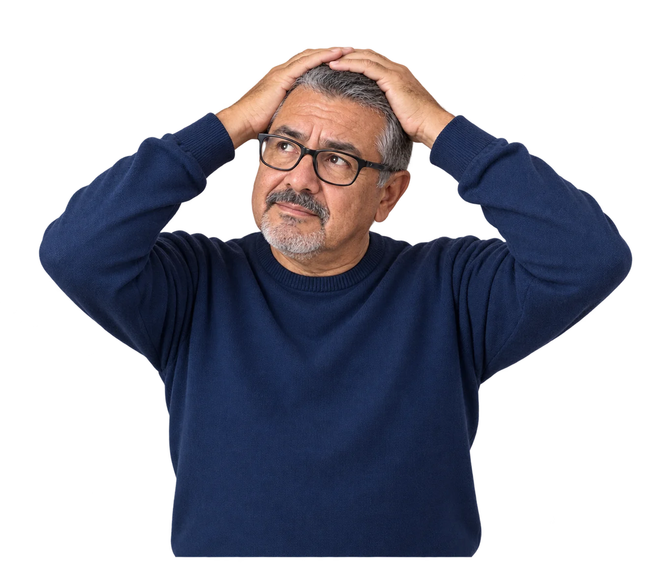 Pioneer Translations translation services Older Hispanic man with glasses and hands on his head, considering his document translation questions.
