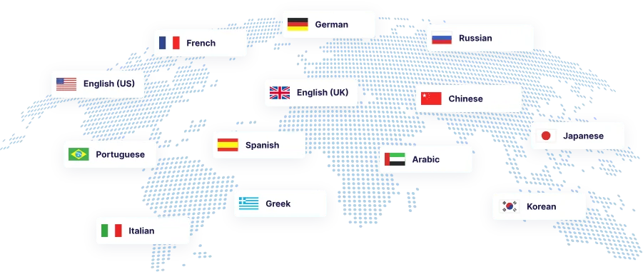 Pioneer Translations translation services Dotted world map with flags and labels for English, French, German, Russian, Chinese, Japanese, Portuguese, Spanish, Arabic, Greek, Korean, and Italian.
