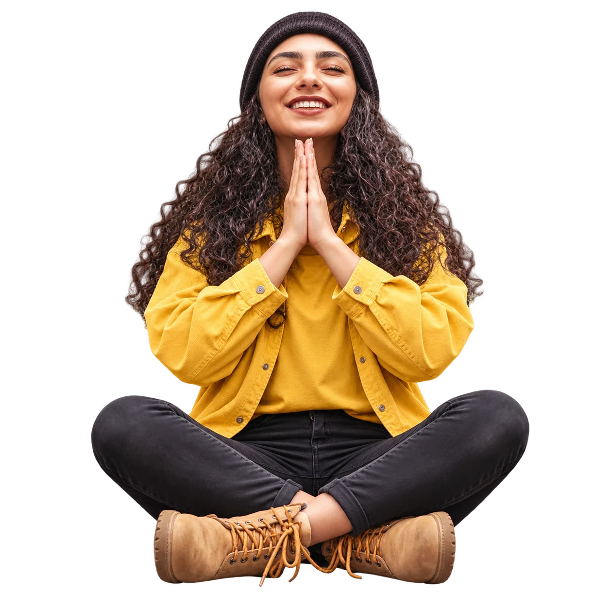 Pioneer Translations translation services Happy smiling woman in a yellow jacket, dark pants and tan boots, seated cross-legged with hands together.