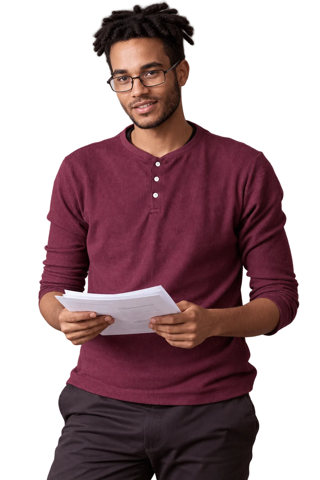 Pioneer Translations translation services Smiling man with glasses and a burgundy shirt holding a stack of printed documents.